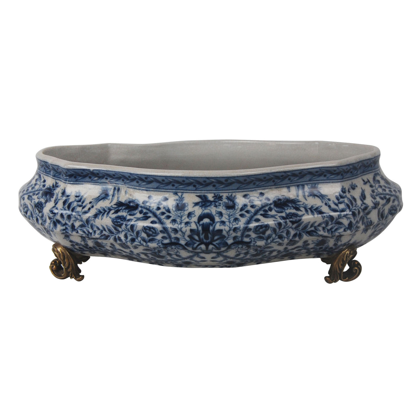classic blue and white low profile oval planter with bronze feet