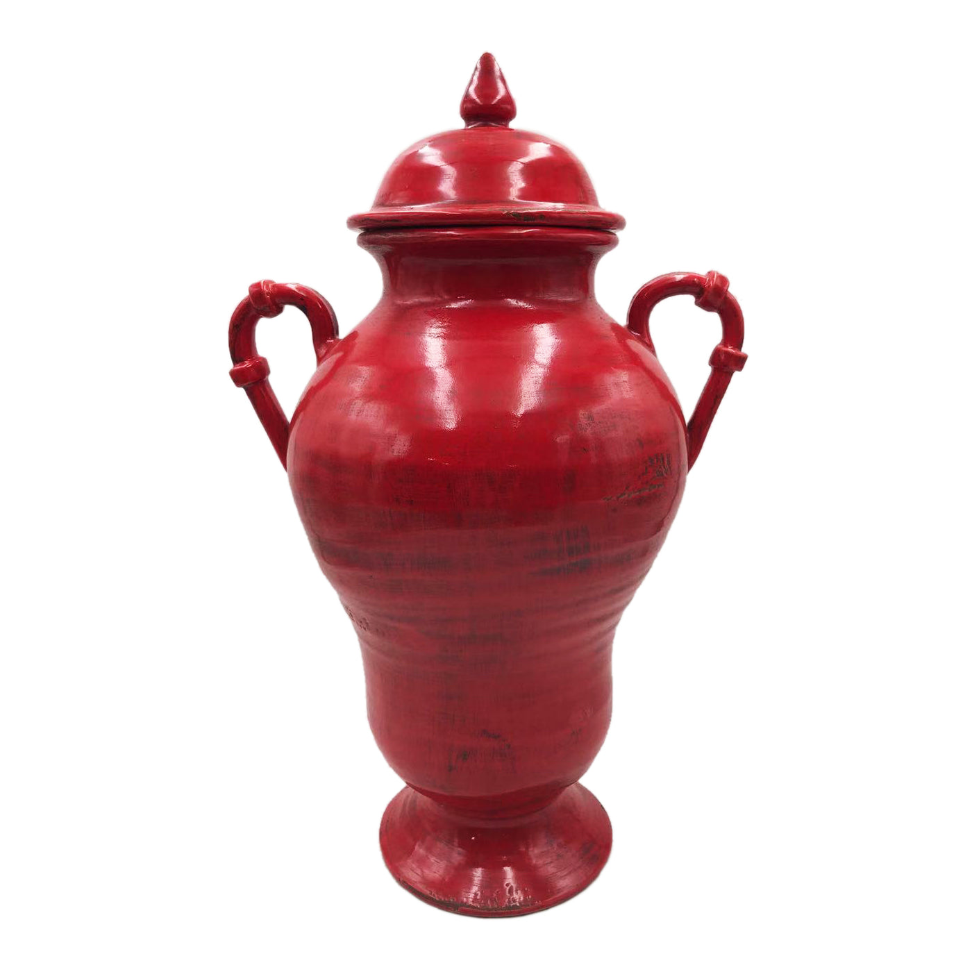 red potter's handled urn with lid
