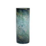 A tall cylindrical porcelain vase with a unique textured glaze in muted green and blue tones, ideal for home decor. Placed against a white backdrop.