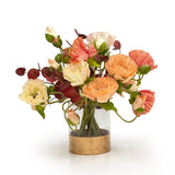 Bouquet of Poppy flowers in a glass vase with a gold base on a white background