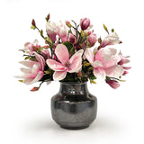 Pink Magnolia tree in a silver vase on a white background