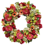 Colorful mixed floral wreath with hydrangeas and seasonal blooms