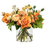 Real Touch rose and ranunculus floral arrangement in clear glass cylinder vase with layered blooms for elegant home décor
