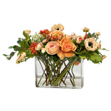 Real Touch rose and ranunculus floral arrangement in rectangular clear glass vase with layered blooms for elegant tabletop décor