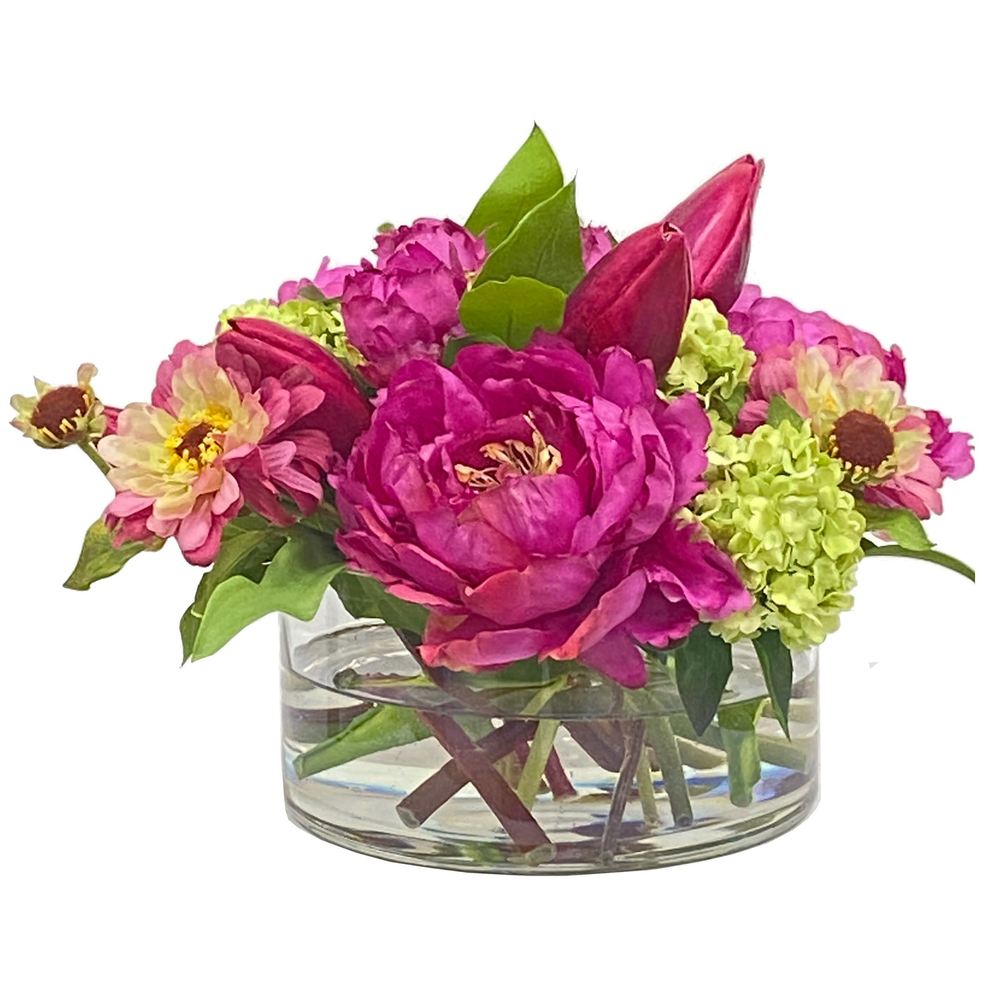 realistic faux peonies arrangement in a low cylinder vase