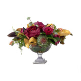 Jewel-toned florals and shimmering gold holiday floral centerpiece