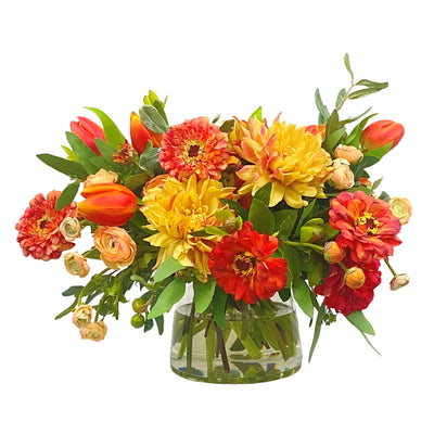 realistic faux zinnia and dahlia mix flower arrangement in glass vase