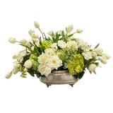 Luxury faux rose and tulip centerpiece in silver planter with Real Touch blooms for large dining tables and elegant interiors