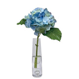 Minimalist Real Touch hydrangea stem in clear glass vase with lifelike faux bloom for modern home décor