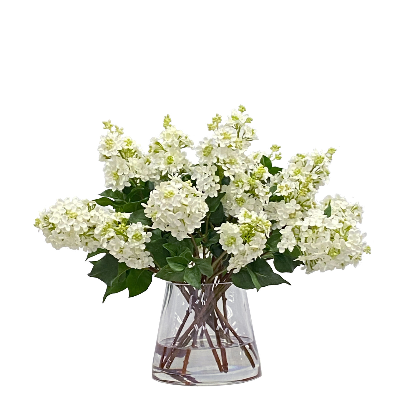 high-quality faux lilac arrangement in glass vase