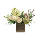 Faux orchid and protea floral arrangement in a modern artisanal planter with hydrangea and eucalyptus accents
