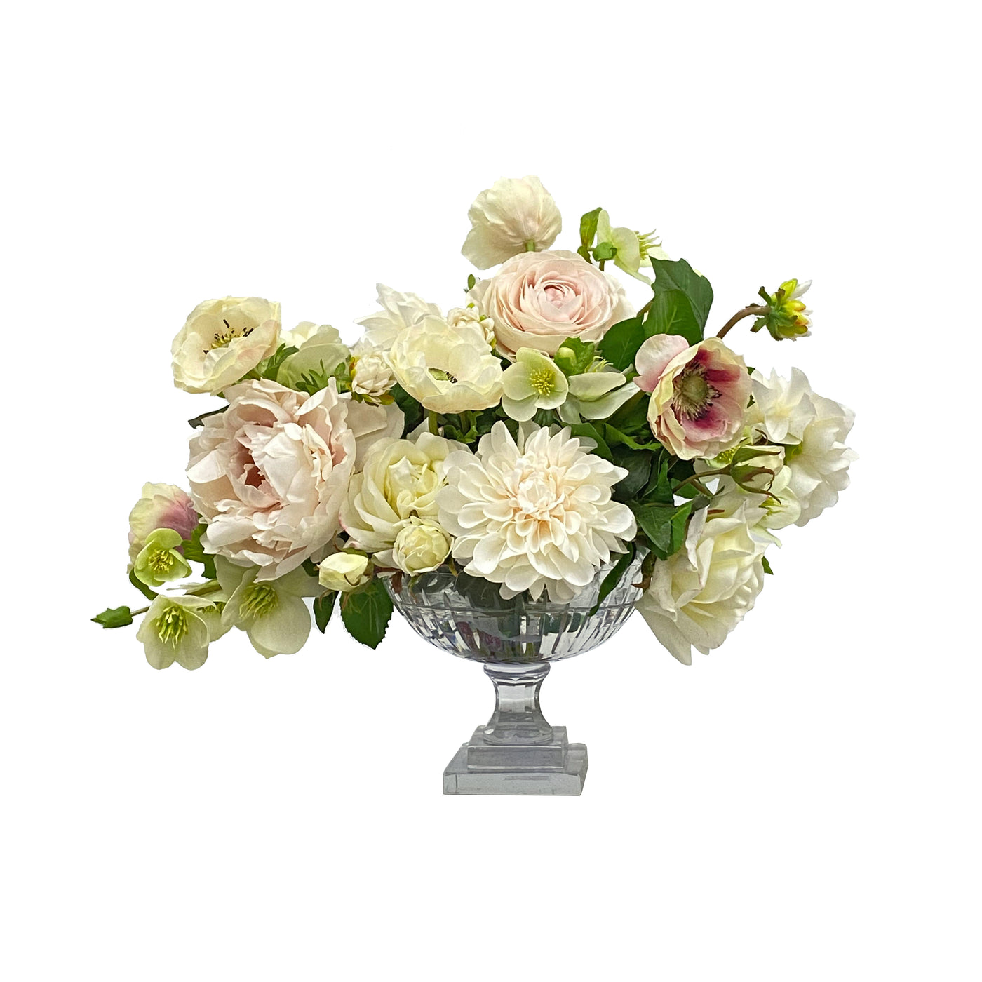 real touch faux floral arrangement in footed diamond cut glass cafe au lait