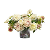 Luxury faux rose and ranunculus arrangement in cut glass vase with Real Touch blooms for elegant tabletop décor
