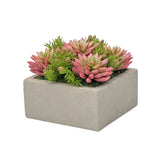 A mix of realistic red and green faux succulents potted in a gray square planter with moss at the base of the plants shown against a white background
