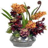 High-quality faux tropical orchids floral arrangement featuring vanda orchids, cymbidium orchids and dahlia succulents in a terracotta bowl placed against a white background