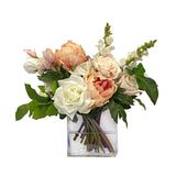 Blush neutral faux mixed floral arrangement in clear rectangular glass vase with Real Touch roses, hydrangeas, and ranunculus for modern décor
