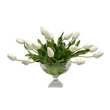Realistic faux white tulips in cut glass vase floral centerpiece