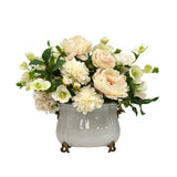 Luxury café au lait mixed floral arrangement in porcelain planter with brass accents and Real Touch neutral blooms for elegant home décor
