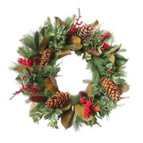Festive 26-inch holly and pine faux wreath with red berries, pinecones, and green foliage, against a white background