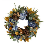 blue and gold holiday hydrangea and pine cones luxury wreath
