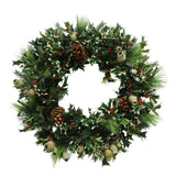 Hand-crafted pointed holly wreath with variegated green foliage, accented by berries and pinecones for a festive display against a white background