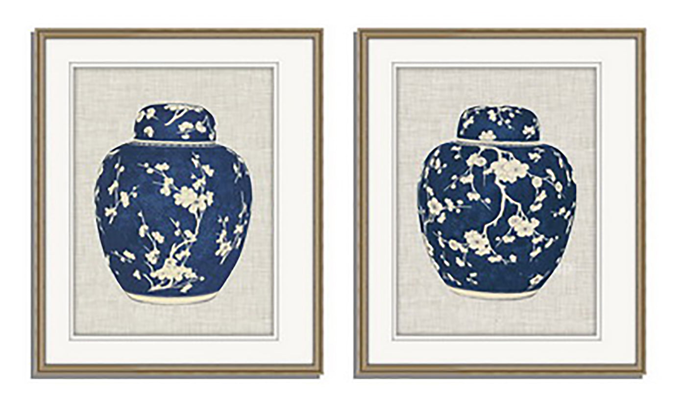 Dark blue temple jar with cream background prints in taupe color wooden frame