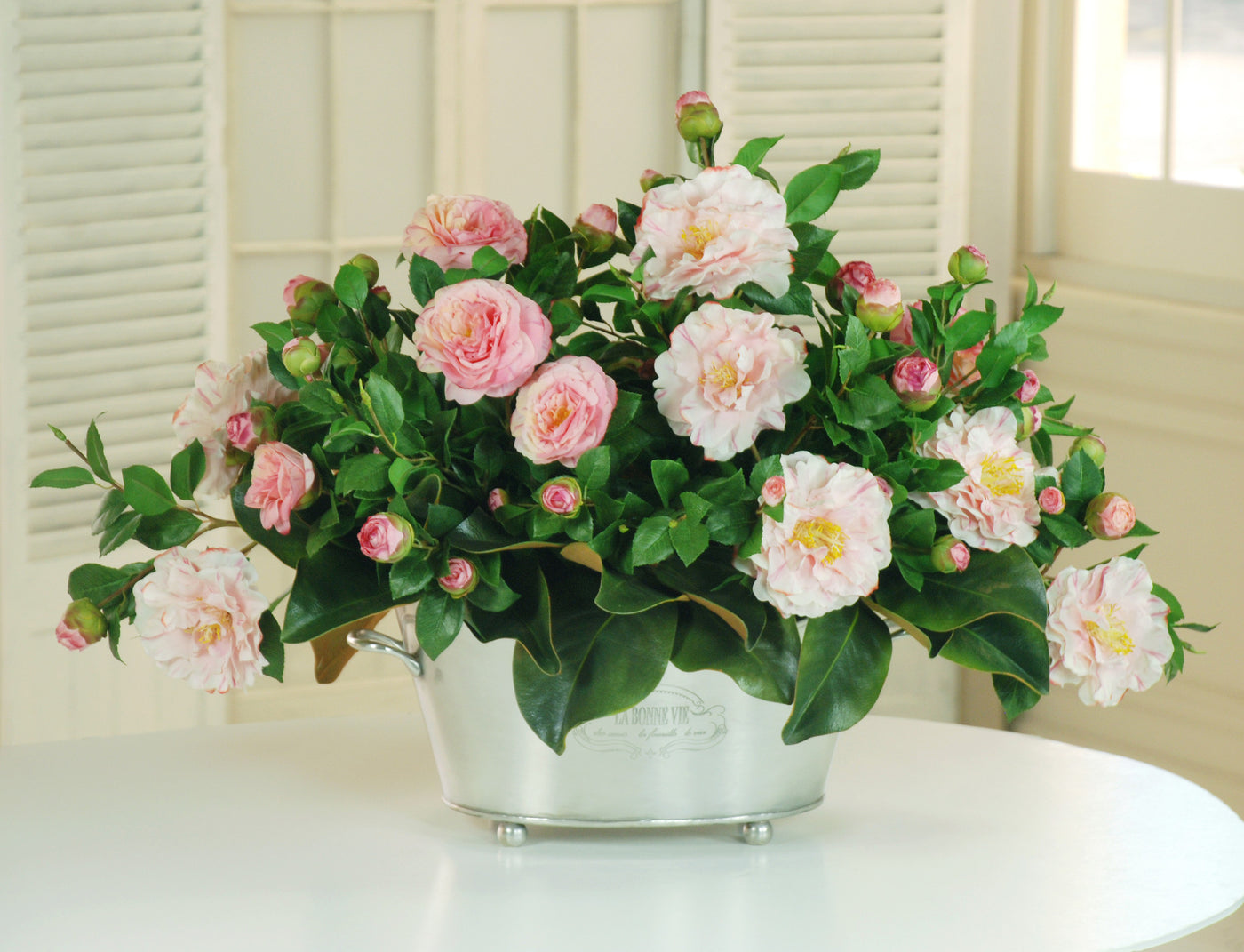 GARDEN CAMELLIA CENTERPIECE (DP556-PK) - Winward Home silk flower arrangements