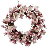 Japanese magnolia blossom wreath with vibrant pink and white faux flowers