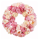 Handcrafted faux peony wreath with pink, orchid, cream, and champagne blooms on a natural twig base