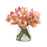 faux amaryllis in short glass vase