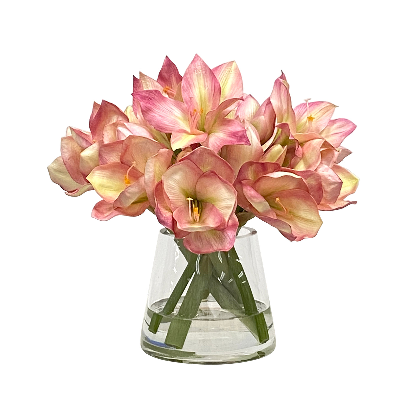 faux amaryllis in short glass vase
