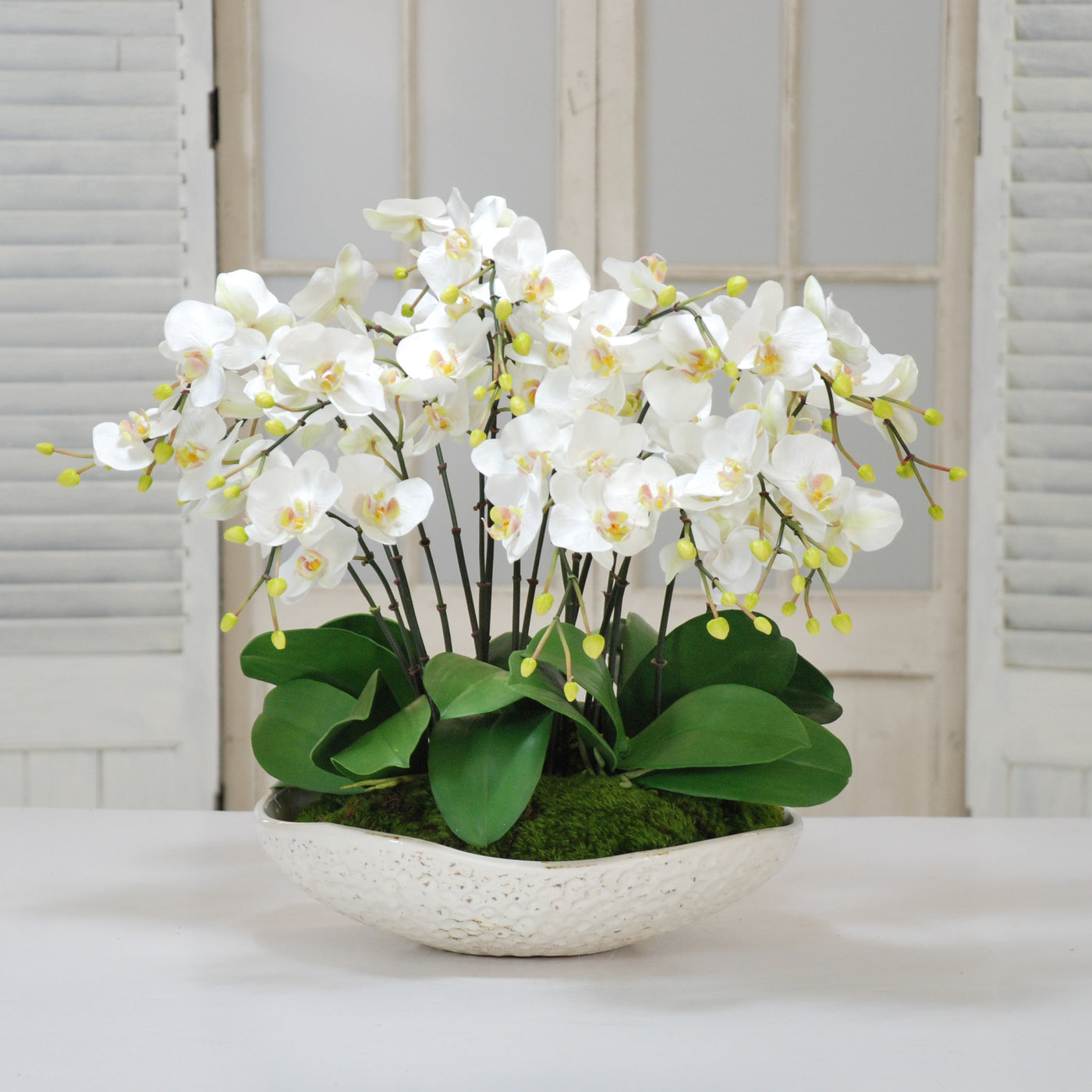 WHITE ORCHIDS IN DURAIN BOWL (WHD055-WH) - Winward Home faux floral arrangements