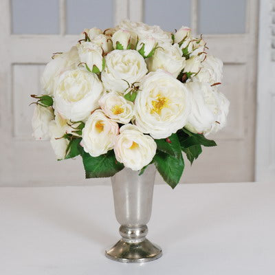 WHITE ROSES IN SILVER TRUMPET CASE 16"