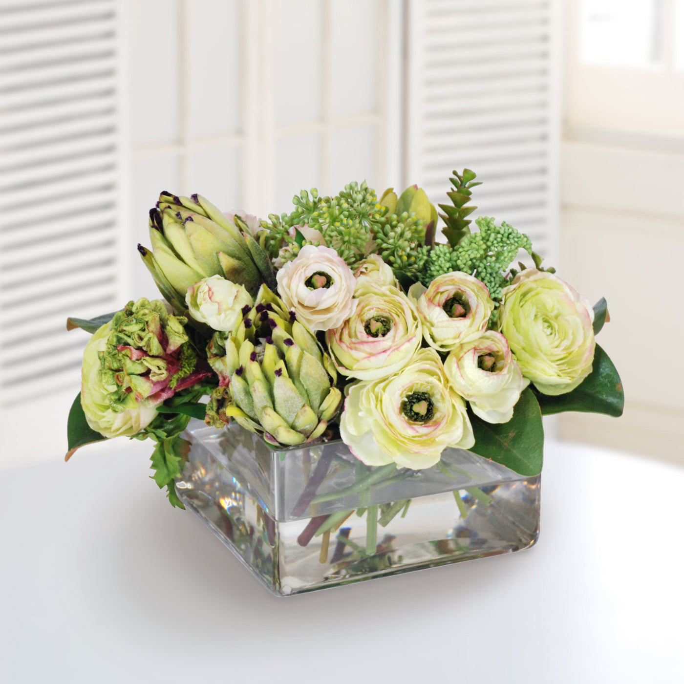 PROTEA & RANUNCULUS IN CLEAR VASE (WHD081.GR) - Winward Home faux floral arrangements