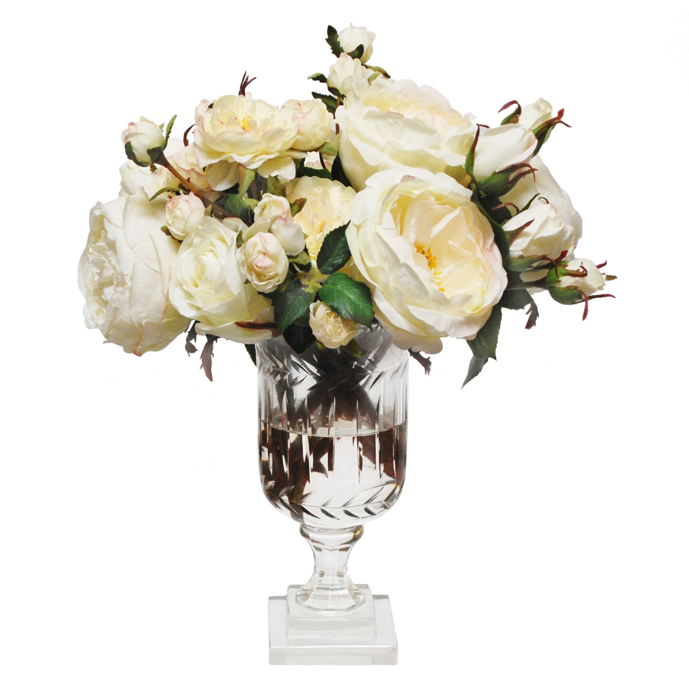 Artificial white english roses in glass urn