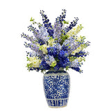 Commercial sized mixed artificial delphinium in white and blue vase