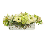 Luxury faux ranunculus and rose arrangement in clear rectangular glass vase with Real Touch blooms for elegant dining table décor