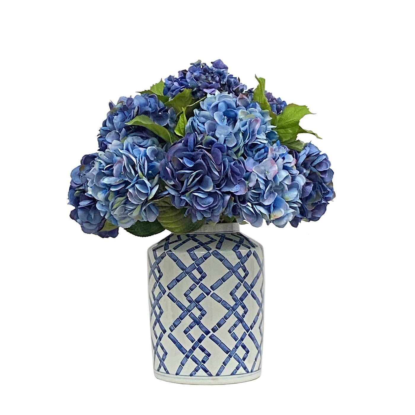 high quality blue natural touch silk hydrangeas in a blue and white container