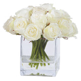 Luxury faux white rose arrangement in a modern square clear glass vase