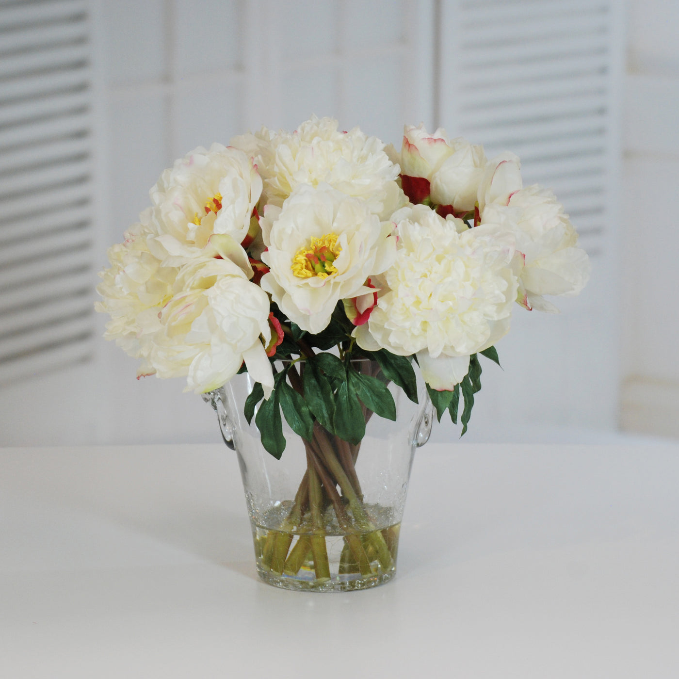 PEONIES IN FLAW GLASS 17'' (WHI013-WH) - Winward Home faux floral arrangements