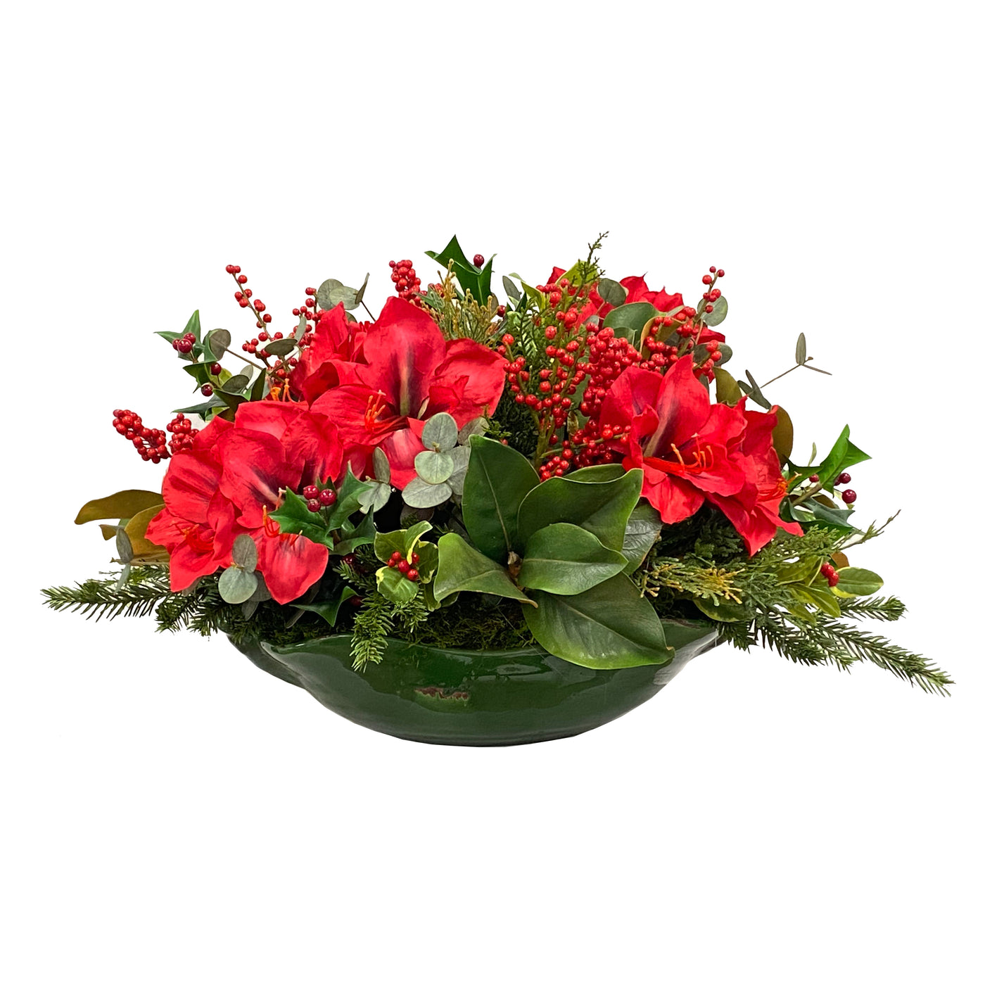 faux amaryllis in green rutherford basket with berries for the holidays