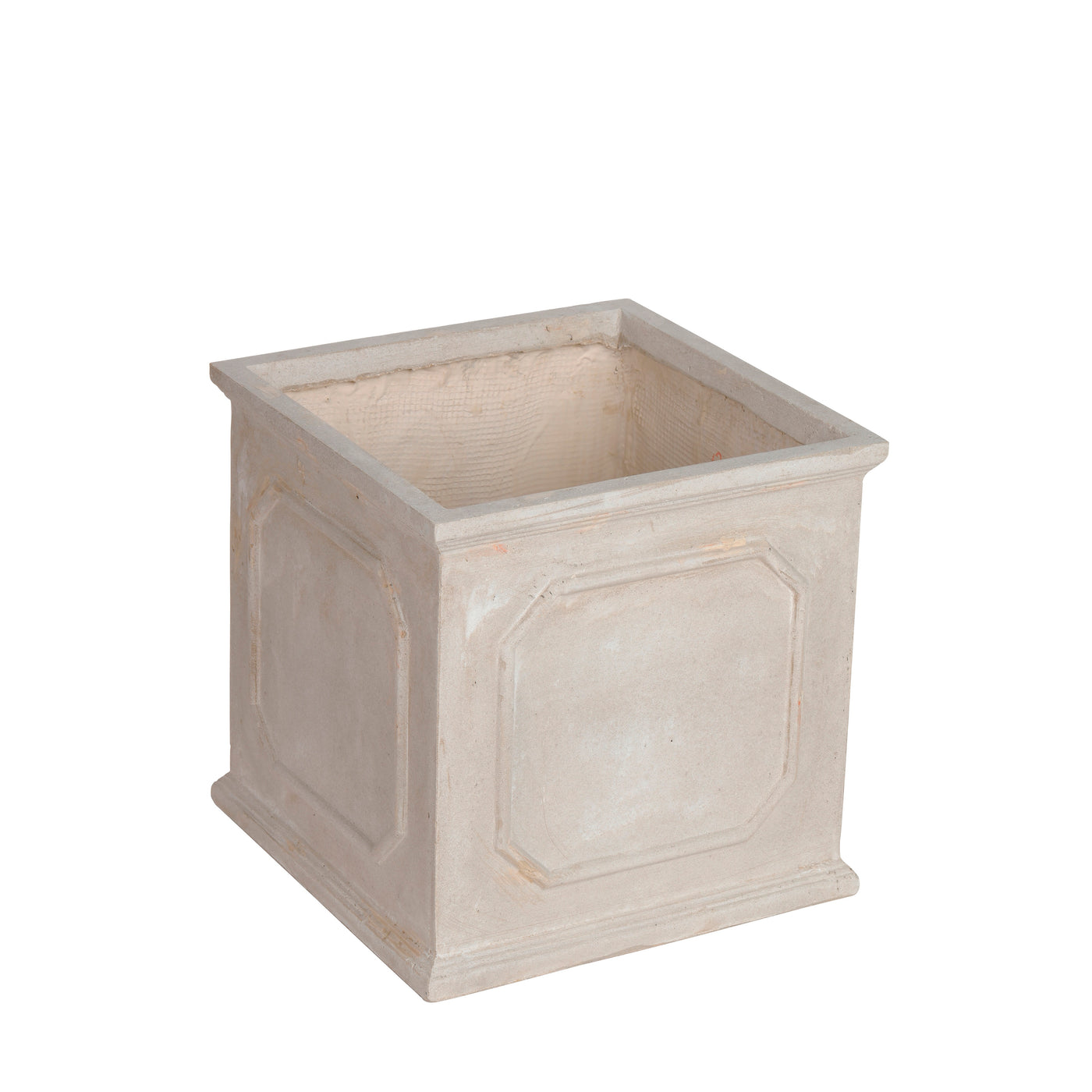 Square stonecast planter with traditional clipped corner panel in natural taupe