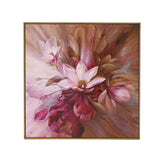 Framed artwork of a pink magnolia with a gold border on a white background