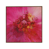 Framed artwork of a vibrant floral design with pink and red colors on a white background