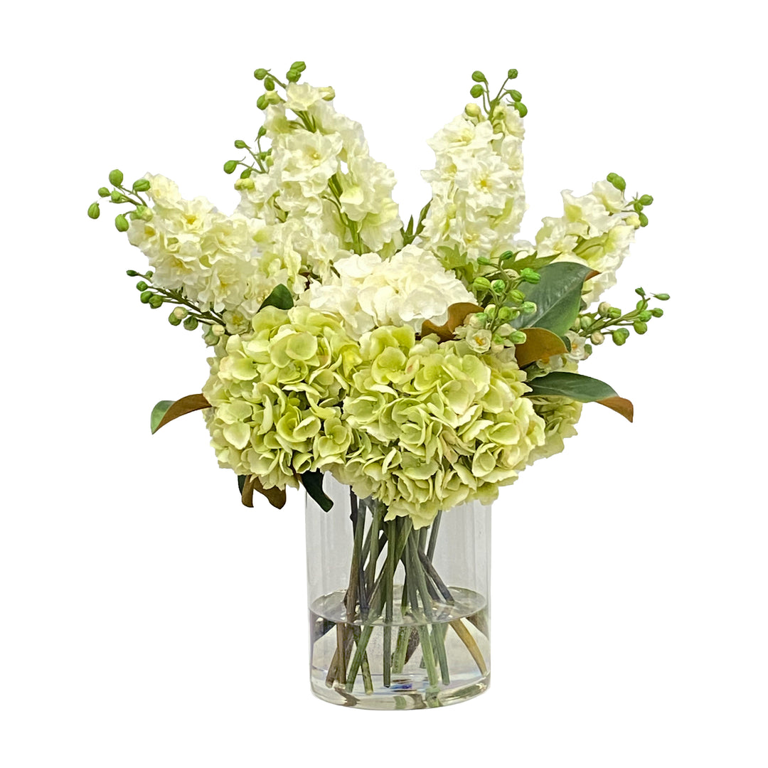 Faux Hydrangea and Delphinium in Glass (Dp713-whgr)