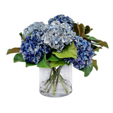 Realistic faux blue hydrangeas bouquet in high quality clear glass cylinder vase home decor