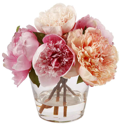 contemporary faux peonies arrangement in small glass vase