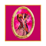 Pink scarf with a decorative frame featuring a dog and bird design on a white background