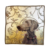 Dog-themed silk scarf with floral patterns on a beige background