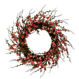 24-inch Peach Blossom Wreath. Adorned with luxurious faux peach blossoms, pink and red flowers against white background